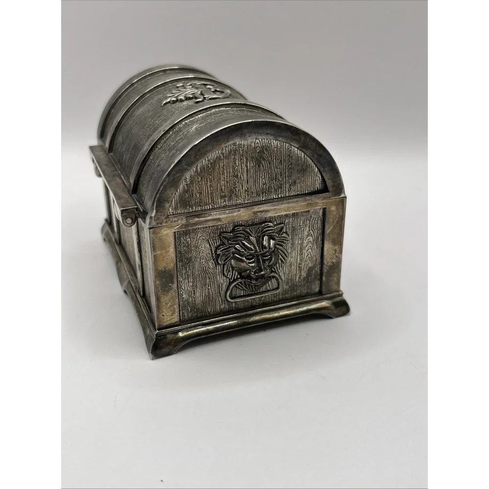 Vintage Metal Treasure Chest Trinket Box Hinged Jewelry Holder 14.6 oz Ornate
